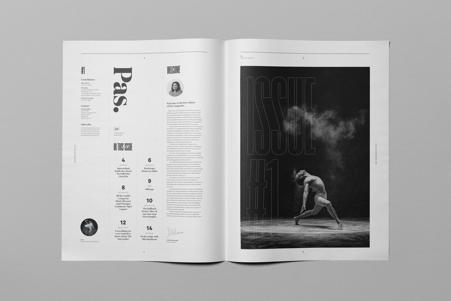 Spread from the Pas publication, showing interesting grid use and elegant white space