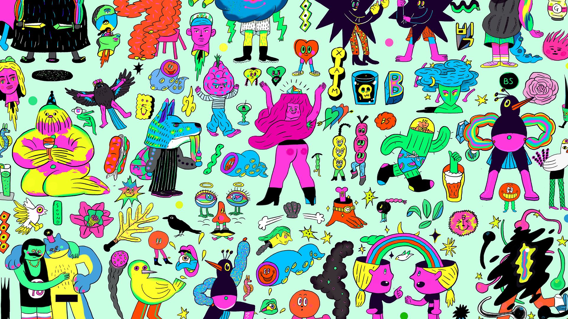 Funky character illustrations with neon colour scheme