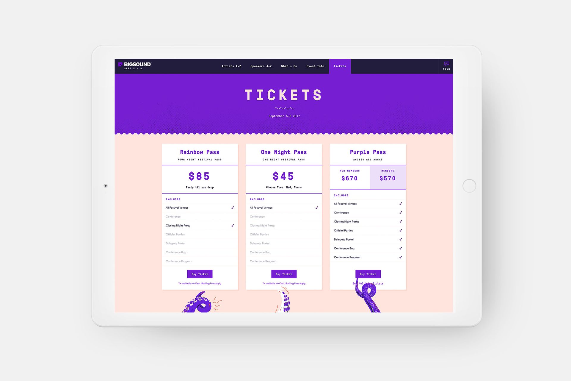 An iPad depicting the Bigsound ticketing page design. 